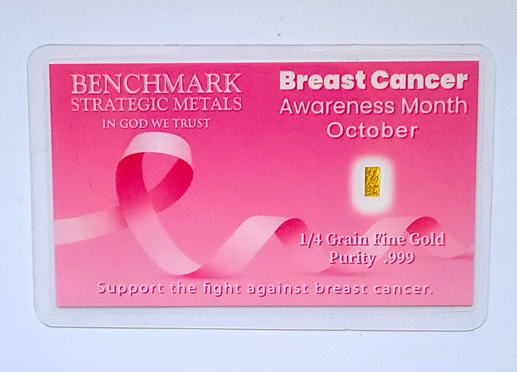 Breast Cancer Pink Ribbon - 1/4 Grain .999 Fine 24K Gold Bar in COA Card