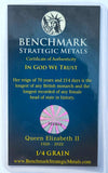 Queen Elizabeth II - 1/4 Grain .999 Fine 24k Gold Bullion Bar In COA Card