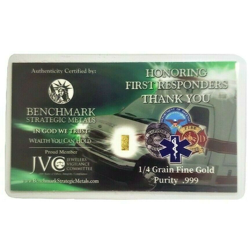 Thank You First Responders! - 1/4 Grain .9999 Fine 24k Gold Bullion Bar - in COA Card