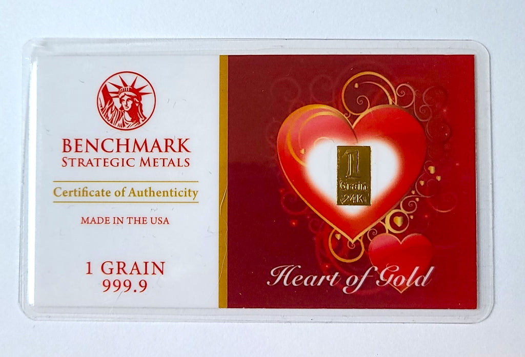 1 Grain .9999 Fine 24k Gold Bullion Bar - Heart of Gold - Horizontal Design
