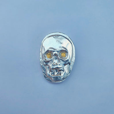 44 Gram .999 Fine Silver Skull - 24K Gold Eyes - Hand Poured & Stamped