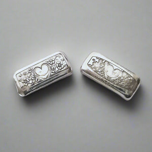 2 Troy Ounce Set - .999 Fine Silver Valentines Bars - Hand Poured - Laser Etched - Certified