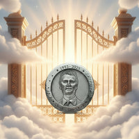 Zinc round with engraved portrait and text on a light black background