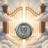 Zinc round with engraved portrait and text on a light black background