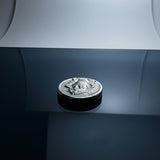 Silver coin with a face on a light gray background