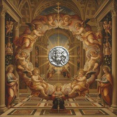 polished zinc button with a face design on a light gray background