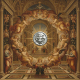 polished zinc button with a face design on a light gray background