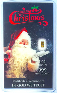 Merry Christmas Santa - 1/4 Grain .999 Fine 24k Gold Bullion Bar In COA Card