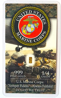 Marines - 1/4 Grain .999 Fine 24k Gold Bullion Bar In COA Card