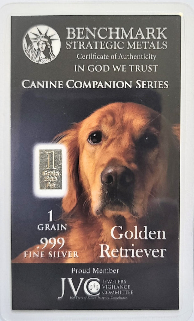 1 Grain .999 Fine Silver Bullion Bar - Dog Series - Golden Retriever