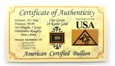 1 Grain .9999 Fine 24k Gold Bullion Bar