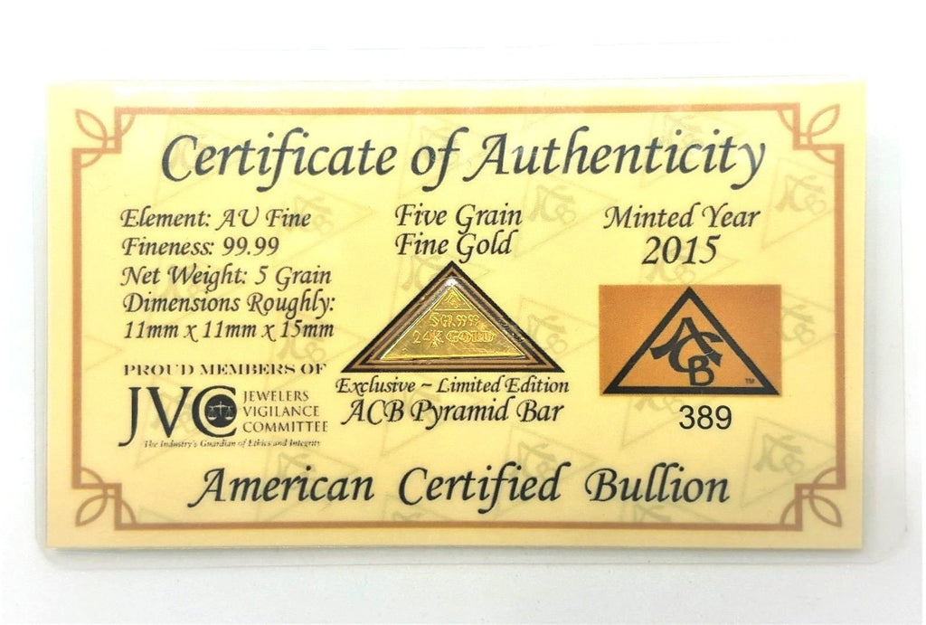 5 Grain .9999 Fine 24k Gold Bullion Pyramid Bar