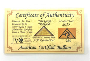5 Grain .9999 Fine 24k Gold Bullion Pyramid Bar