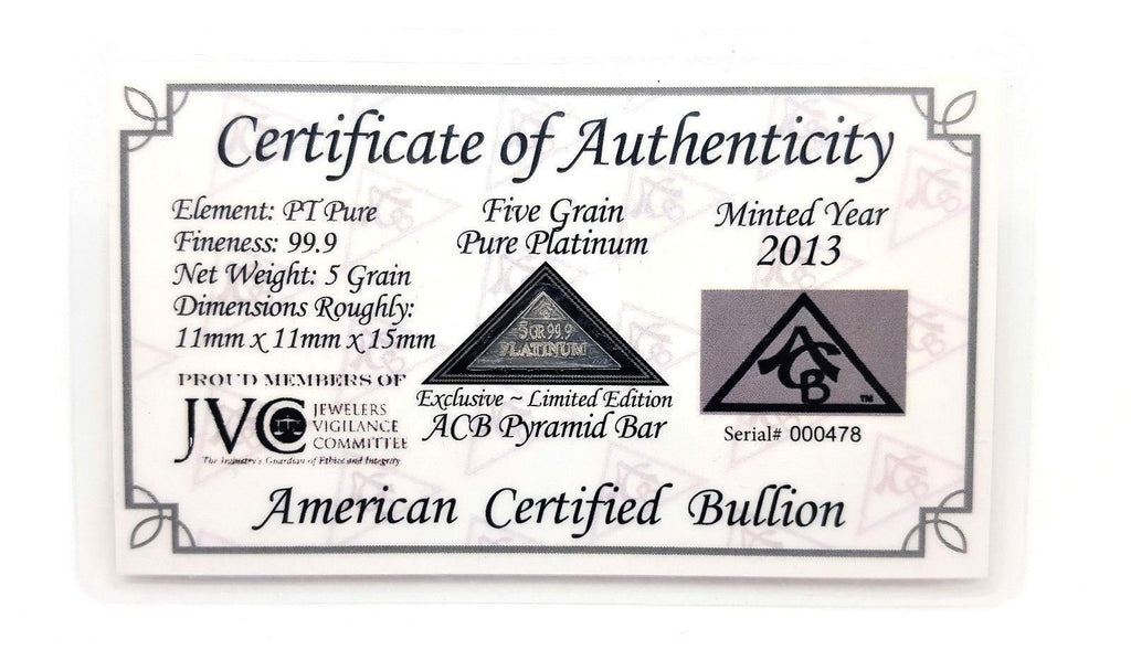 5 Grain .999 Fine Platinum Bullion Pyramid Bar