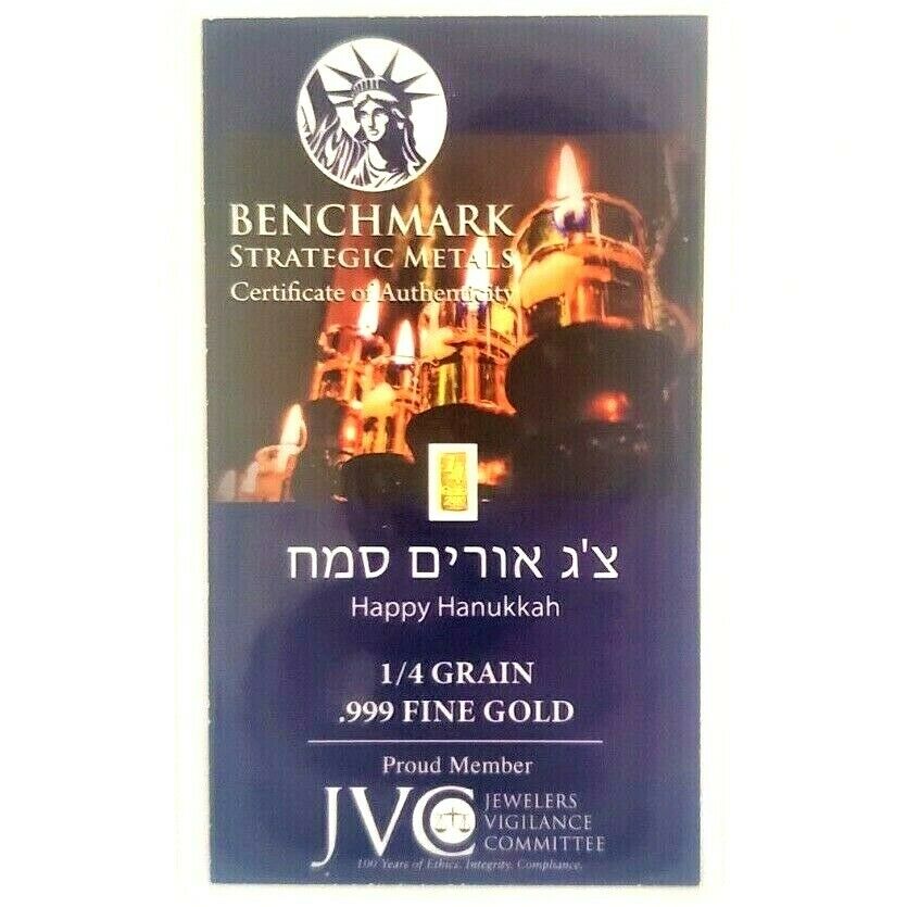 Happy Hanukkah! - 1/4 Grain .999 Fine 24k Gold Bullion Bar In COA Card