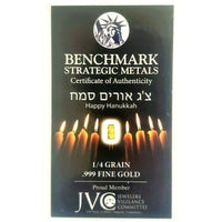 Menorah - Happy Hanukkah! - 1/4 Grain .999 Fine 24k Gold Bullion Bar In COA Card