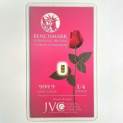 Red Rose - 1/4 Grain .9999 Fine 24k Gold Bullion Bar In COA Card