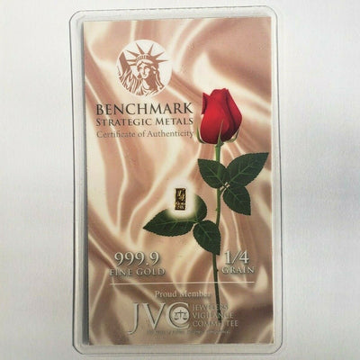 Satin Red Rose - 1/4 Grain .9999 Fine 24k Gold Bullion Bar In COA Card